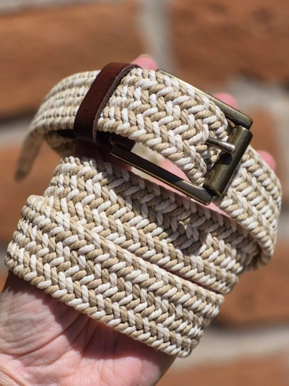 Fossil Kyle Khaki Belt Braided Rope & Leather Trim Adjustable Cream Tan Size 34